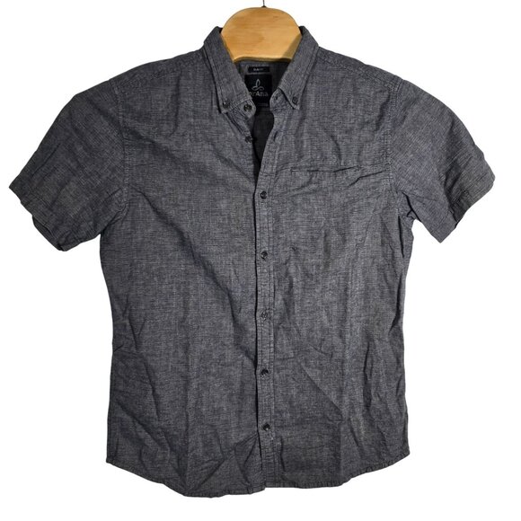 Prana Mens Slim‎ Fit Short Sleeve Button-Up Shirt LRG Organic Cotton Gray - Picture 2 of 6